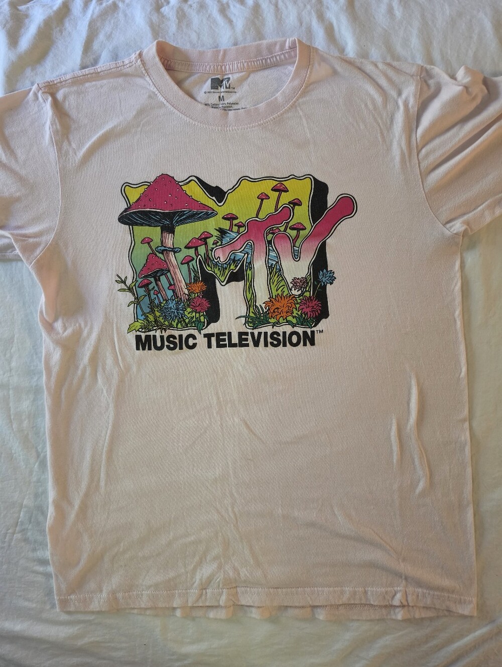 Official MTV Trippy Mushroom Graphic Tee Pink Sz M